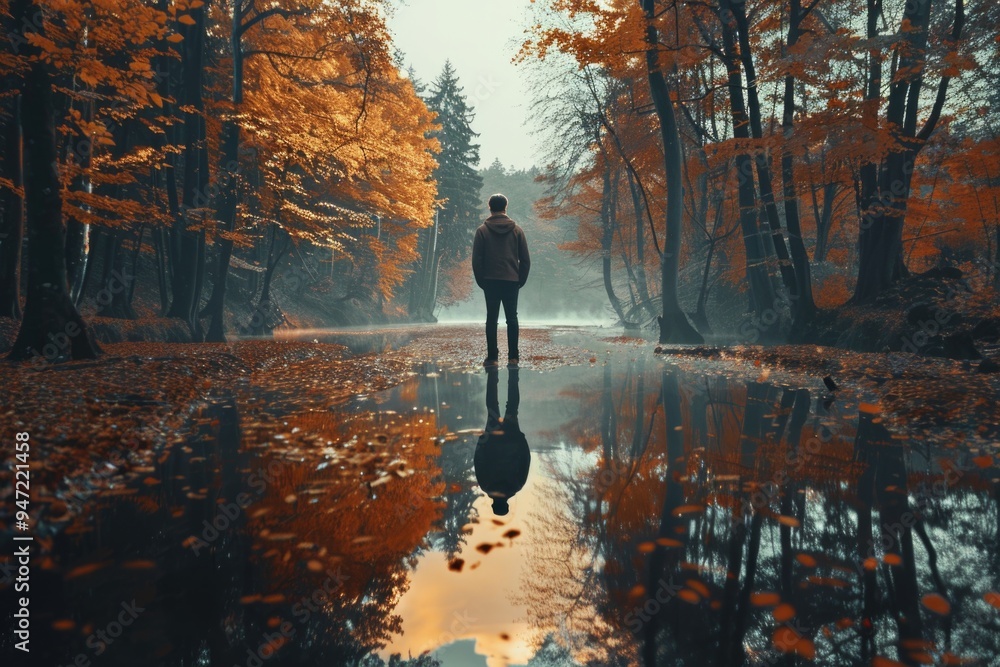 Aufkleber a person standing in a puddle of water in the middle of a forest