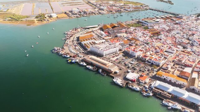 Aerial view of the port of Isla Cristina with boats and beautiful architecture, Isla Cristina, Spain.