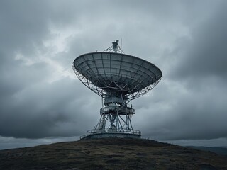 A large satellite dish stands on a hilltop against a cloudy sky.