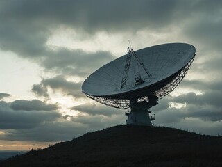 A large satellite dish stands on a hilltop against a dramatic cloudy sky, symbolizing communication, technology, and exploration.
