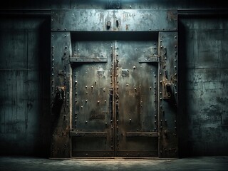 A large, rusty metal door with two handles and a single light above it, set against a concrete wall.
