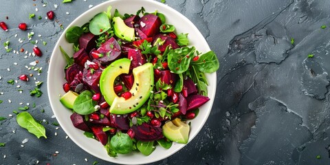 Top view of a white bowl with a nutritious vegan avocado and beet salad square composition