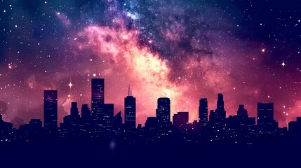 Obraz premium Silhouetted Cityscape Against a Starry Night Sky with a Milky Way Galaxy
