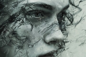 A close-up shot of a woman's face with her hair blowing in the wind
