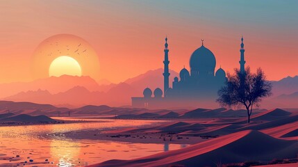 Silhouetted Mosque in Desert Landscape with Setting Sun