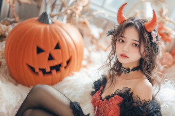ハロウィーンをテーマに悪魔・デビルの仮装をしている若い日本人女性とジャック・オ・ランタン(美人モデル)