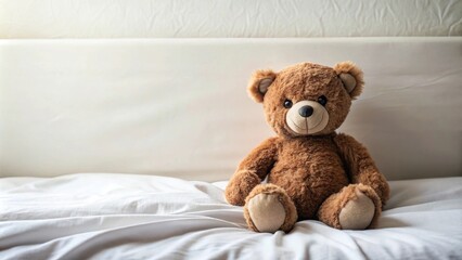 Brown teddy bear sitting on a neatly made bed, teddy bear, brown, sitting, stuffed animal, bedroom, cozy, comfortable, fluffy, toy
