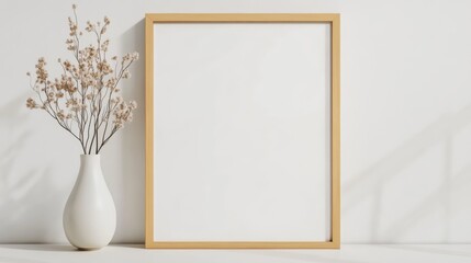 Minimalist Interior Mockup: Empty Wooden Frame with Dried Flowers 