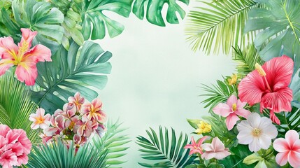 Tropical jungle, lush greens and exotic flowers, rich watercolor background