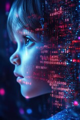 Little child with digital code data overlay, cyberspace and information technology of the future. Ai education and cybersecurity