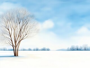 Fototapeta premium Winter landscape, snowy fields with pale blue hues, watercolor background