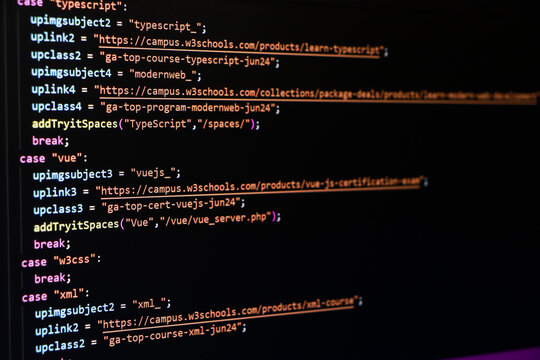 Software source code. Programming code. Programming code on computer screen. Developer working on program codes in office. Source code