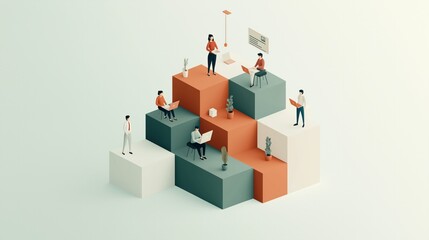 Abstract teamwork scene illustrating collaboration, technology, and productivity with diverse characters on 3D blocks.
