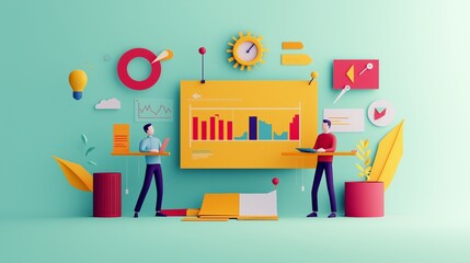 Colorful illustration of data analysis with characters, charts, and elements representing business growth and strategy.