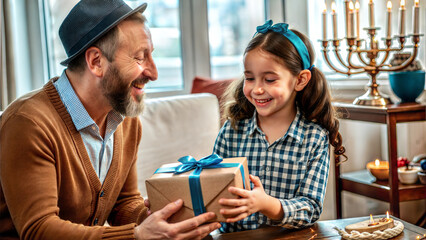 Happy grandfather giving a gift to his daughter while sitting on the sofa at home