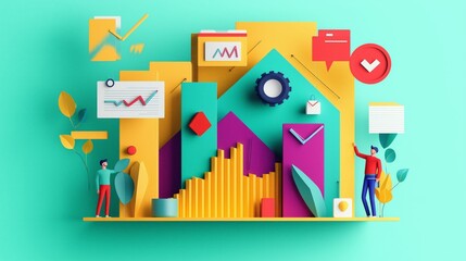 Obraz premium Colorful illustration depicting business analytics with charts, graphs, and figures on a vibrant background.