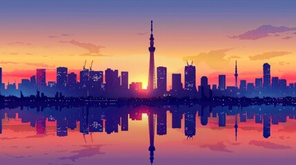 Tokyo Skyline at Sunset with Reflection in Water
