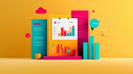 Fototapeta premium Colorful infographic display featuring charts and graphs on a vibrant background, illustrating data visualization concepts.