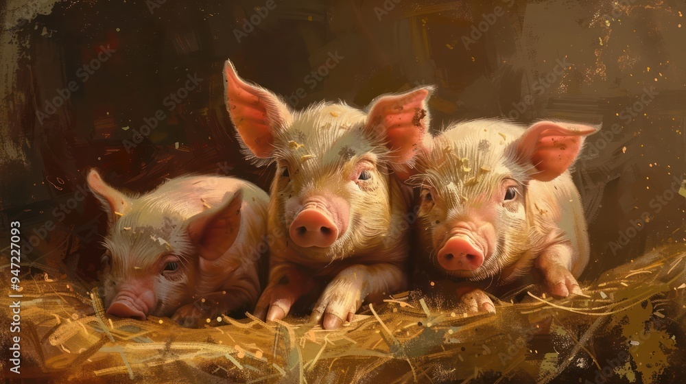 Wall mural three piglets in a hay pile