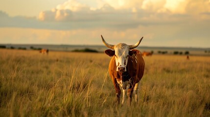 Brown and White Cow in a Field at Sunset