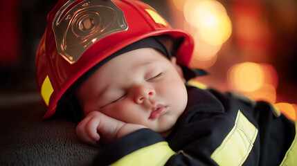 Obraz premium Arafed baby wearing a fireman's hat sleeping on a couch. AI Generated 