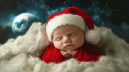 Arafed baby in a santa hat sleeping on a fluffy blanket. AI Generated 