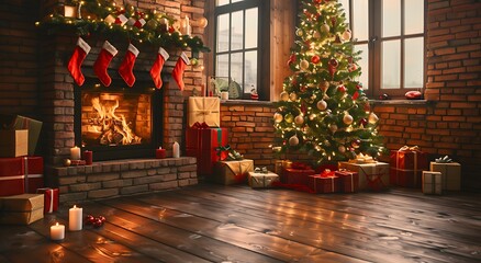 Fototapeta premium A cozy Christmas scene with an elegantly decorated tree, presents under the tree, and a burning fireplace in a warm room