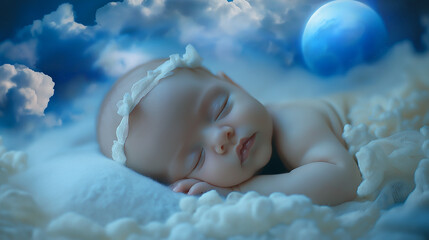 Baby sleeping on a blanket with a blue ball in the background. AI Generated 