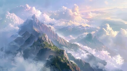 Naklejka premium Serene mountaintop enveloped in clouds, offering breathtaking views and a sense of tranquility.