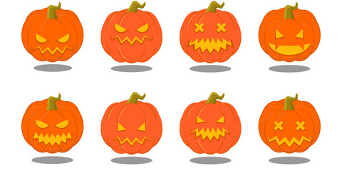 Happy Halloween collection pumpkins. Pumpkins isolated. Main symbol of Happy Halloween holiday. Collection orange pumpkins with scary spooky smile Halloween. Vector illustration. Face pumpkins.