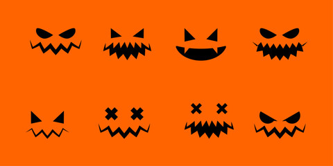 Happy Halloween collection pumpkins. Pumpkins isolated. Main symbol of Happy Halloween holiday. Collection orange pumpkins with scary spooky smile Halloween. Vector illustration. Face pumpkins.