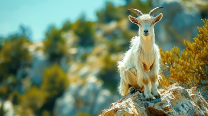 White Goat Perched on a Rock with a Blurred Background