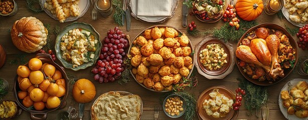 Fototapeta premium A table laden with traditional Thanksgiving dishes