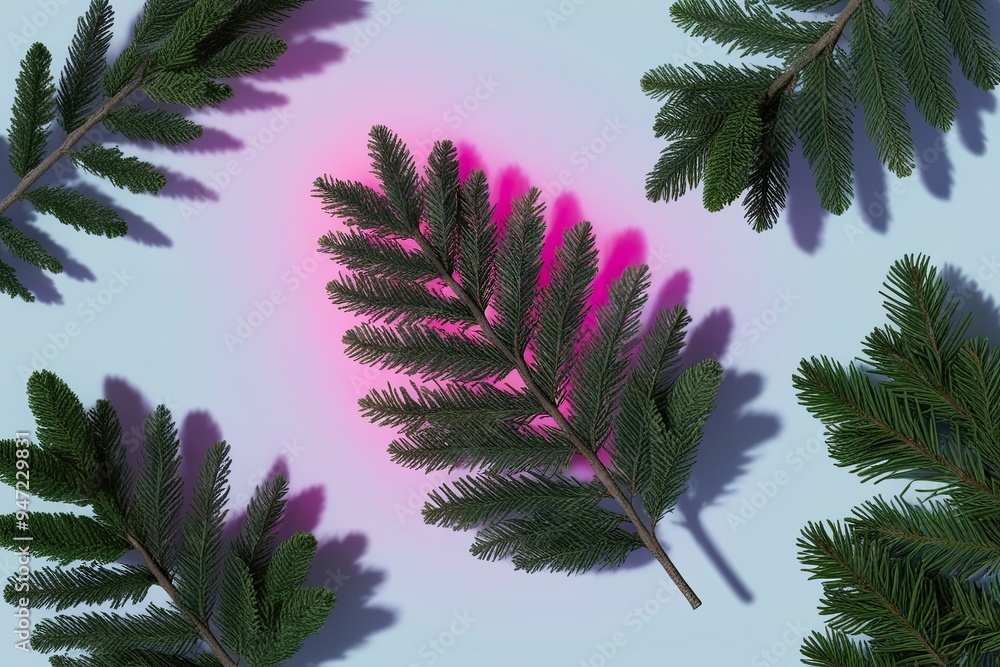 Poster chic cedar branches shadow design with neon tint on bright canvas 3d visualization