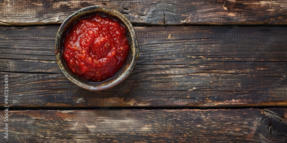 Poster overhead shot of tomato paste in a rustic bowl with copy space on wooden background selective focus 