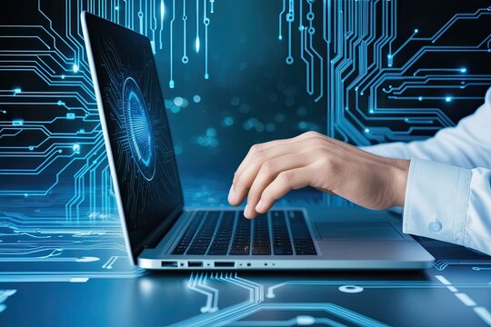 Dynamic Hand of a Software Engineer Typing on a Laptop Surrounded by Circuit Patterns in a Futuristic Digital Landscape