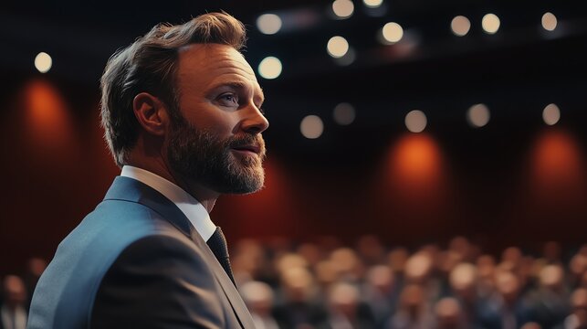 A businessman in a suit speaks to a large audience at a conference or event.