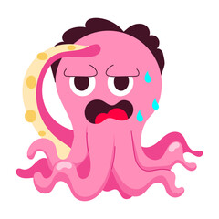 A flat style sticker of tired octopus 

