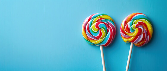 Colorful lollipop on blue background, copy space