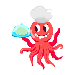 Fototapeta premium Octopus chef serving dish, flat sticker