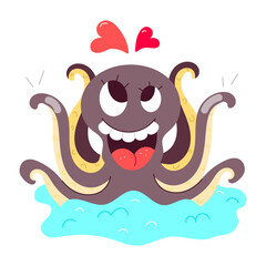 Cartoon style sticker of in love octopus smiling 

