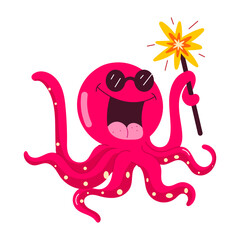 Cute octopus firework celebration, flat sticker 

