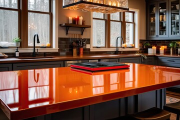 Stylish Glossy Epoxy Countertop in Gourmet Kitchen with Cozy Candlelight Ambiance