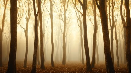 Obraz premium Mystical Autumn Forest: A serene and ethereal scene of a foggy forest bathed in golden light, with bare trees reaching towards the heavens. The misty atmosphere creates a sense of mystery and wonder.