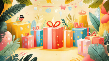 A vibrant illustration of gifts with colorful ribbons set against a backdrop of tropical plants. The composition centers around multicolored gift boxes, with a small bird perched on one of them