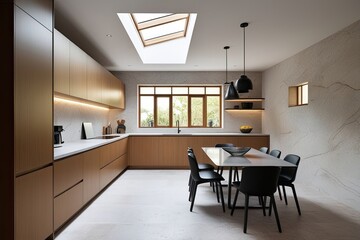 Minimalist Stone Kitchen Space with Functional Cabinet and Sleek Dining Table Illuminated by Skylight