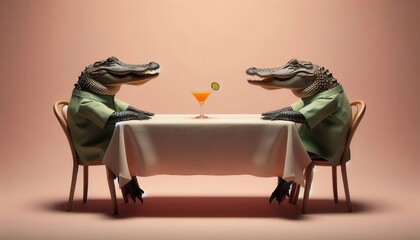 Two alligators in formal attire enjoy a playful dinner, sipping colorful cocktails at a table, creating a whimsical and humorous atmosphere.