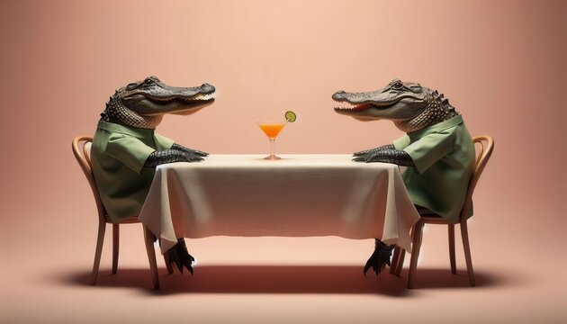 Two alligators in formal attire enjoy a playful dinner, sipping colorful cocktails at a table, creating a whimsical and humorous atmosphere.