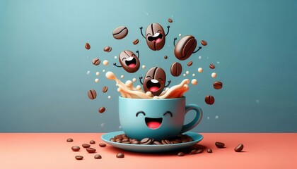 A cheerful coffee cup with animated coffee beans splashing joyfully, perfect for promoting coffee brands, cafes, or beverage-related designs.