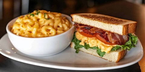 Gourmet BLT Sandwich with Bacon, Lettuce, and Tomato on White Plate, Paired with Creamy Mac and Cheese: Comfort Food Duo for Restaurant Menu, Casual Dining, Lunch Specials, and American Cuisine Market